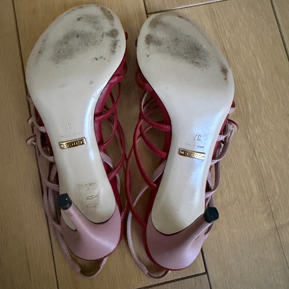 Gucci Red Multi-Strap Pearl Button Accent Slingback Heels